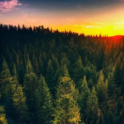 Prompt: sunset above forest, beautiful landscape, high detail, instagram photo, professional dslr photo, creative composition, beautiful composition