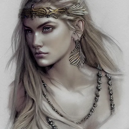 Image similar to sketch drawing of beautiful greek goddess aphrodite with arrowhead earrings and beautiful feather jewelry, beautiful piercing eyes, beautiful blonde hair, hyper realistic face, in the style of greg rutkowski, fantasy, amazing detail, epic, elegant, smooth, sharp focus, from the front
