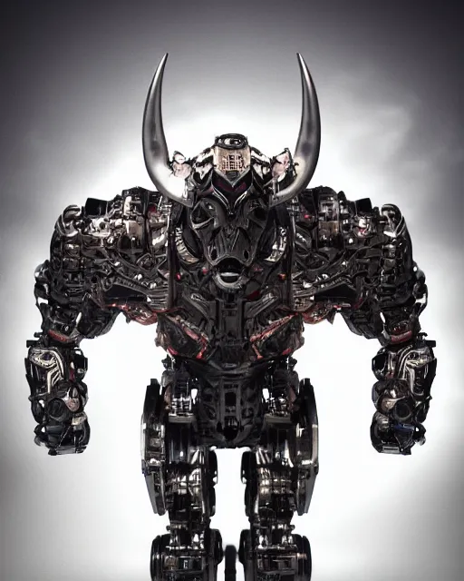 Image similar to a full body shot of a cyborg ( bull ) modeled after a bull looking into the camera, android, cyborg, full body shot, intricate, 3 d, hyper realism, fantasy, depth of field, octane render, symmetrical, highly detailed, digital art, artstation, concept art, cinematic lighting, trending