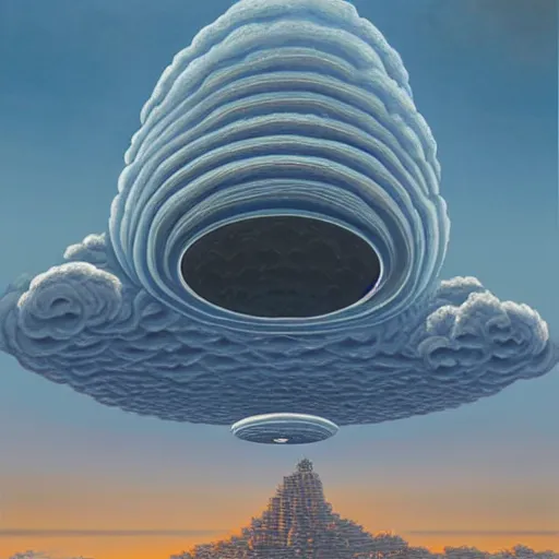 Image similar to prompt : big alien spaceship shaped like cloud hanging above city by jeffrey smith, oil on canvas