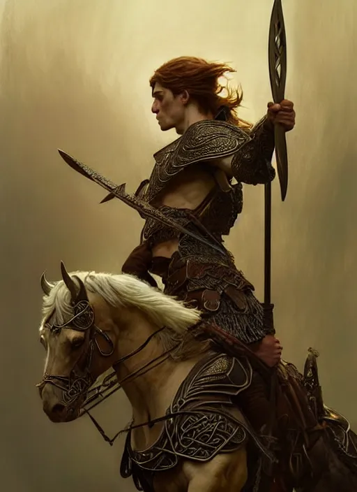 Prompt: ancient Celtic warrior, diffuse lighting, fantasy, intricate, elegant, highly detailed, lifelike, photorealistic, digital painting, artstation, illustration, concept art, smooth, sharp focus, art by John Collier and Albert Aublet and Krenz Cushart and Artem Demura and Alphonse Mucha