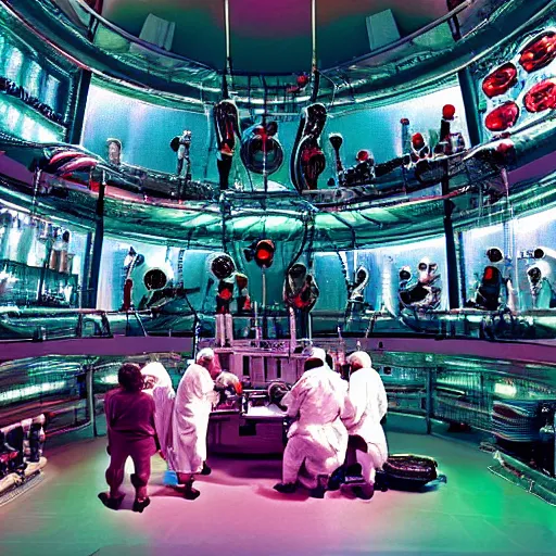 Image similar to photo of scientists watching a evel god in culture capsule, laboratory, bio chemical, hyperealistic, detailed photography, divinity, awful, sci - fi, green light