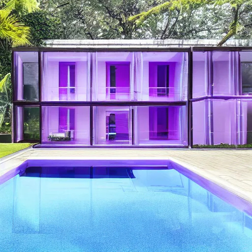 Prompt: a house made of translucent purple colored water in high quality with a porsche 9 1 1