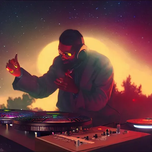 Prompt: A long shot of a man djing at night under the stars, beautiful, digital art, artstation, hyperrealistic, 8k, unreal engine, octane render, trending on artstation, art by Artgerm and Greg Rutkowski and Alphonse Mucha