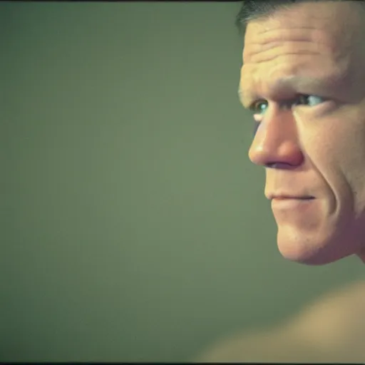 Prompt: A Medium shot of a John Cena face, captured in low light with a soft focus. There is a gentle pink hue to the image, and the John cena’s features are lightly blurred. Cinestill 800t