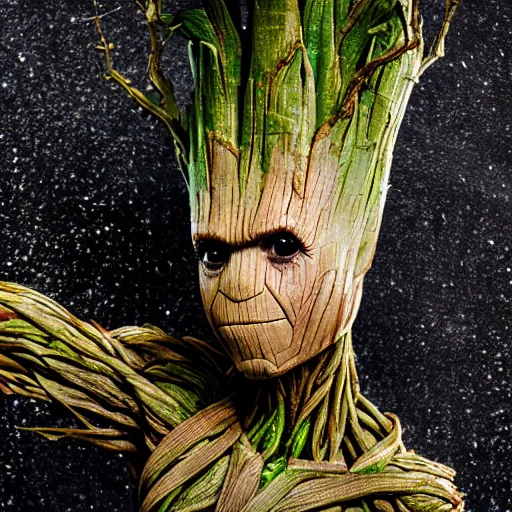 Prompt: groot as thor, photography, headshot, headpiece, female character, canon eos r 3, f / 1. 4, iso 2 0 0, 1 / 1 6 0 s, 8 k, raw, unedited, symmetrical balance, in - frame