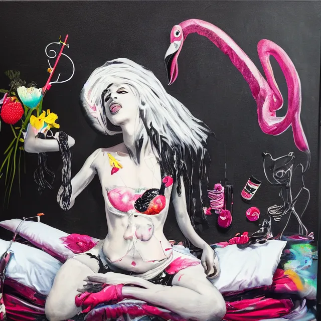 Image similar to a portrait in a female artist's bedroom, black walls, emo girl riding an inflatable flamingo, sheet music, berries, surgical supplies, pancakes, black flowers, sensual, octopus, neo - expressionism, surrealism, acrylic and spray paint and oilstick on canvas