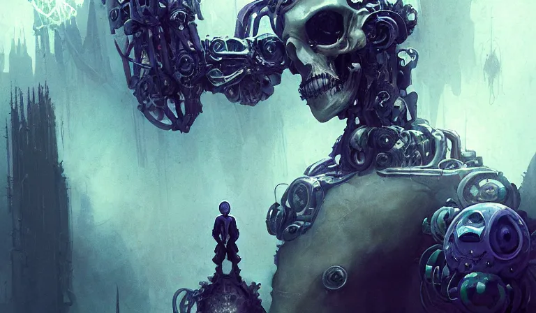 Image similar to muted ombre matte painting beautiful sinister alabaster neogothic skullpunk spirit doctor dismantles iridescent enchanted intergalactic mecha garden, man machine cathedral of chimeric beholder polyphemous power crystals psychotropic tessalating frequencies singularity artgerm wlop james jean andrei riabovitchev marc simonetti yoshitaka amano artstation, cgsociety