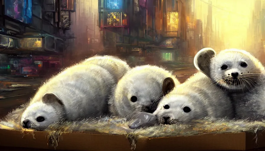 Image similar to highly detailed painting of cute furry white baby seals cuddled up in a cardboard box in a dystopian cyberpunk street by william turner, thick brush strokes and visible paint layers, 4 k resolution, retrowave colour scheme