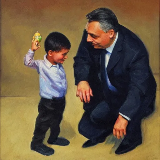 Image similar to viktor orban playing with a small child, oil painting