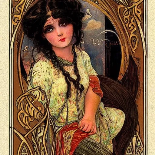 Image similar to gypsy girl, dark hair, art nouveau, jugendstil