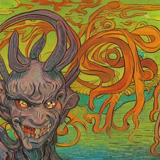 Prompt: whimsical silly detailed painting of a terrifying demon, in the style of studio ghibli and moebius and claude monet and vincent van gogh