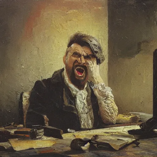 Image similar to an angry man yells at his computer monitor, oil on canvas, 1 8 8 3, highly detailed