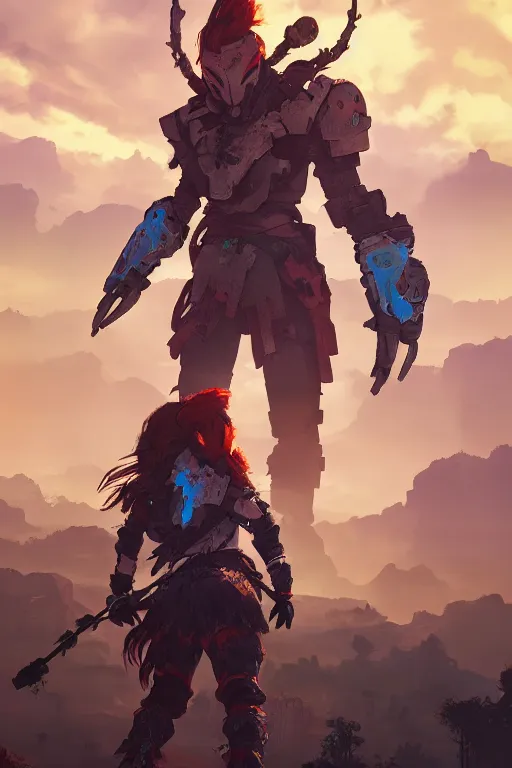 Image similar to combination suit armor aloy horizon forbidden west horizon zero dawn radiating a glowing aura global illumination ray tracing hdr fanart arstation by ian pesty and alena aenami artworks in 4 k tribal robot ninja mask helmet backpack