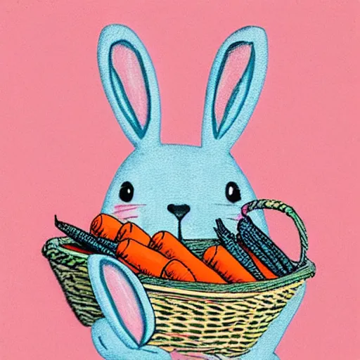 Image similar to “screen print in pastel shades of a bunny dressed in overalls carrying a basket of carrots” H -704 C 17.0