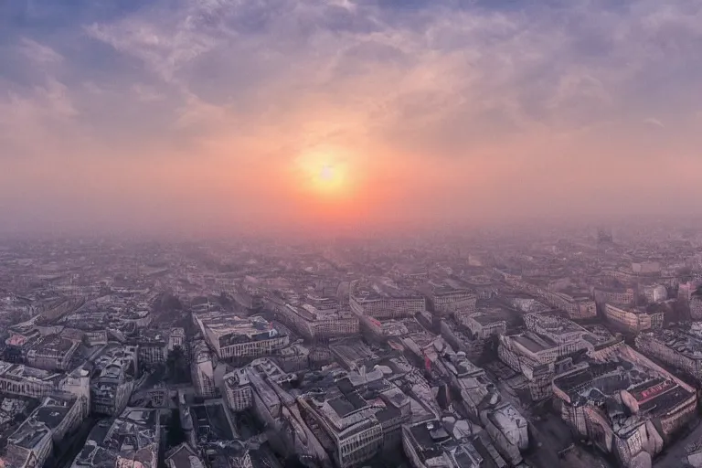 Image similar to aerial view of bucharest city sunset in winter, mist, buildings, street, people, artstation, 4k, beautiful, concept art