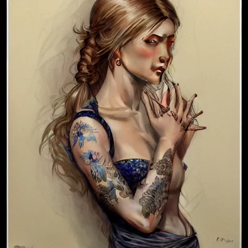 Image similar to ultra realistic illustration, a hot and beautiful tattooed blonde slavic woman in her 3 0's, intricate, elegant, highly detailed, digital painting, artstation, concept art, smooth, sharp focus, illustration, art by artgerm and greg rutkowski and alphonse mucha