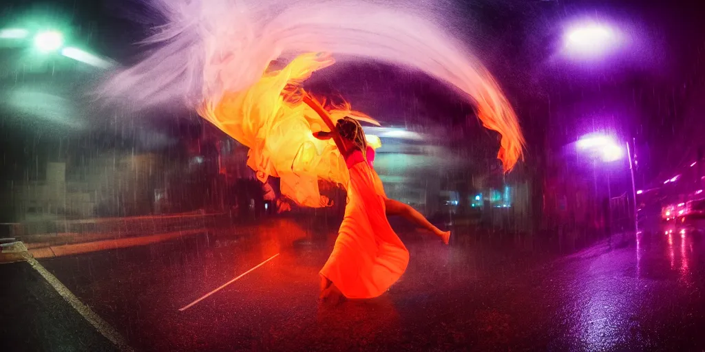 Image similar to fisheye lens slow motion with trail effect of beautiful break dancer wearing floating long dress with neon lights, long exposure shot , at night in the middle of a rainy wet street, paddle of water, steam, fog, water splashes, rim lights, glossy reflections, water droplets on lens, octane render, dark and dramatic, fire explosions in the background, detailed and soft, fisheye lens, smooth, sharp focus, illustration, art by artgerm and greg rutkowski and Annie Leibovitz, graphic glitches