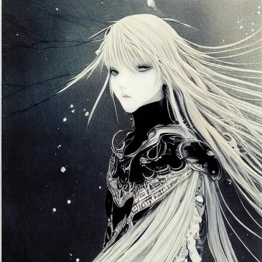 Image similar to Yoshitaka Amano blurred and dreamy illustration of an anime girl with black eyes, wavy white hair fluttering in the wind and cracks on her face wearing Elden ring armour with engraving, abstract black and white patterns on the background, noisy film grain effect, highly detailed, Renaissance oil painting, weird portrait angle, blurred lost edges, three quarter view