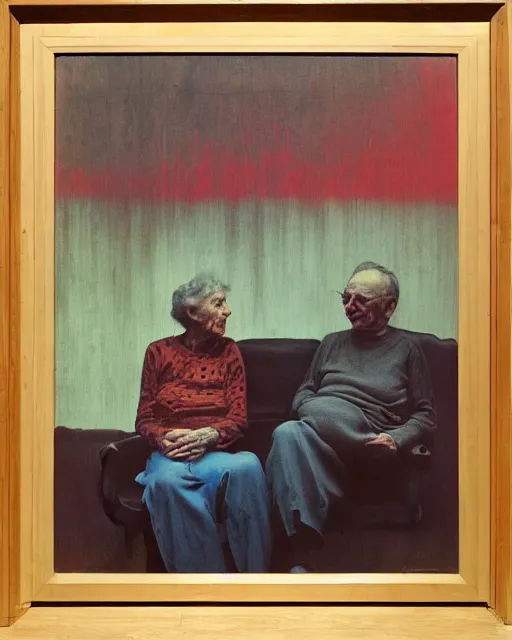 Prompt: early color photo of an old couple sitting on a couch in an old wooden cabin, Beksinski painting, part by Adrian Ghenie and Gerhard Richter
