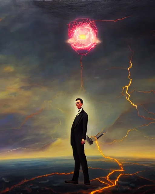 Prompt: an amazing oil painting of Nikola Tesla as a supervillain flying over a vast landscape with electric superpowers electrifying the world with his new giant tesla coil doom machine, sci-fi steampunk concept art, trending on artstation, HD, 4k, 8k
