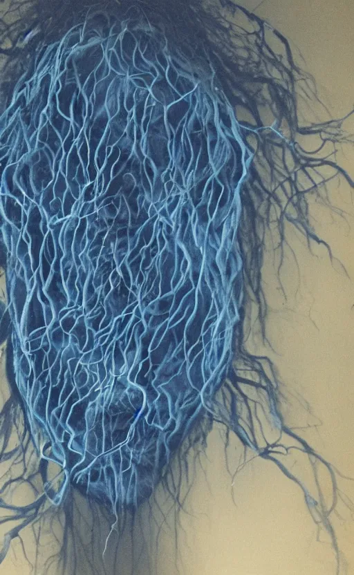 Prompt: blue vines in a dark cave forming a human face, creepy, extreme detail