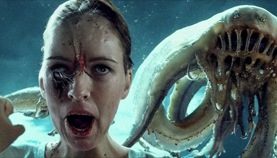 Image similar to Big budget horror movie, a woman watches in horror as a cyborg fights a giant squid