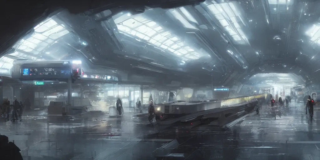 Prompt: painting of a Metro station in the middle of space by greg rutkowski and Craig Mullins, Dark atmospheric and cinematic lighting, 8k