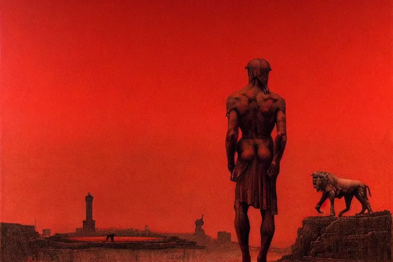 Image similar to only with red, caesar after war, a red tiger, in hoc signo vinces, rome in background, an ancient path, in the style of beksinski, part by hopper, part by rodcenko, part by hofbauer, intricate composition, red by caravaggio, insanely quality, highly detailed, masterpiece, red light, artstation