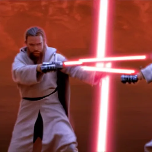 Image similar to yeat the rapper fighting obi wan kenobi with lightsabers in revenge of the sith, star wars movie,