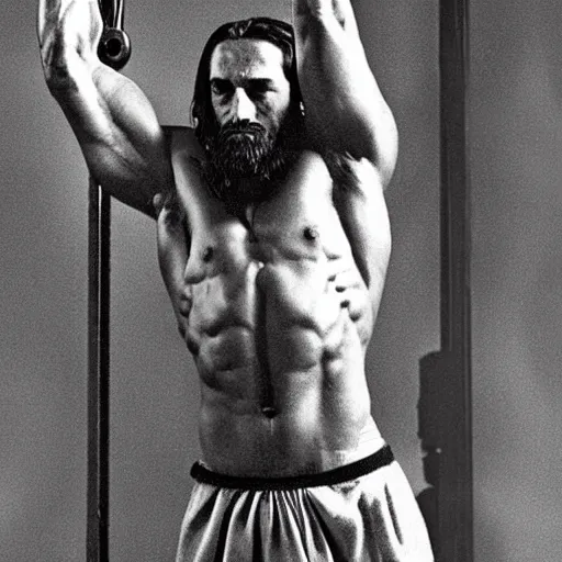 Image similar to Jesus Christ lifting the heaviest of weights at the gym alone, veins popping, highly detailed photograph, professional body builder Jesus