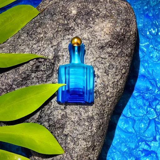 Image similar to perfume bottle sitting on a pile of rocks in the middle of a blue lake, close up shot, upfront, surrounded by tropical leaves, blurred tropical background, softly - lit, soft - warm, zen, light, modern minimalist f 2 0 clean