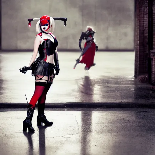 Image similar to 2B and A2 as Harley Quinn, Cinematography by Roger Deakins