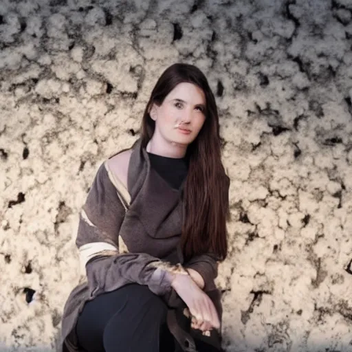 Prompt: woman poses in front of sunlit dried caked bleached