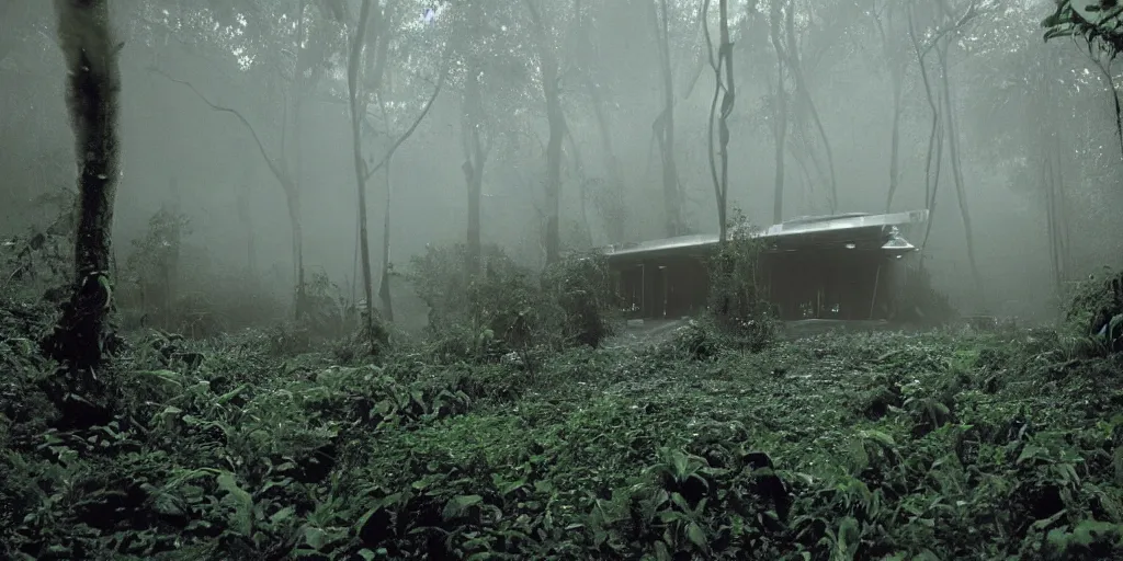 Prompt: film still of a dark spooky scientific research outpost with complicated machinery in a moist foggy jungle, science fiction, ridley scott, lights through fog, futuristic outpost building, wet lush jungle landscape, dark sci - fi, 1 9 8 0 s, beige and dark atmosphere, ridley scott