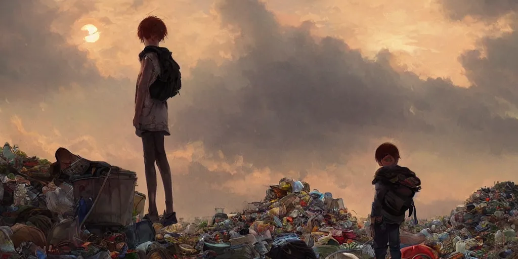 Image similar to poor detailed child with backpack standing at cars looking for food at garbage dump, destroyed cars, city is pure wasteland, moody sunset in background, greg rutkowski, alphonse mucha, trending on artstation, artgerm, unreal engine, breathtaking, award winning, highly detailed