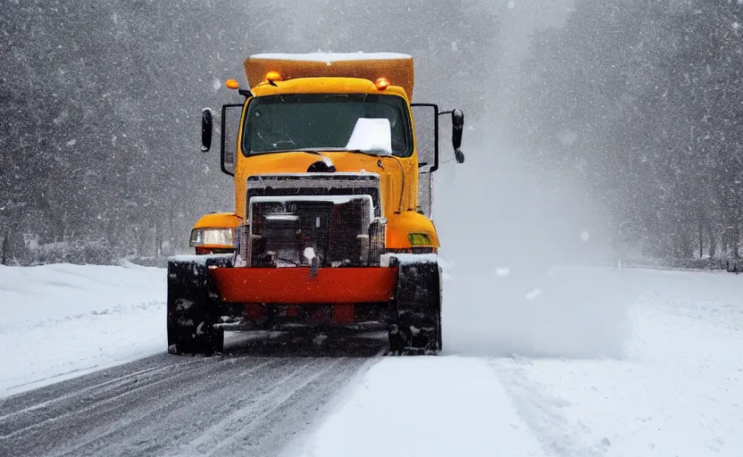 Prompt: A Snowplow with headlines on driving through a snowy landscape with thick snow, blizzard!!, heavy snow falling, digital artwork, high resolution, high detail