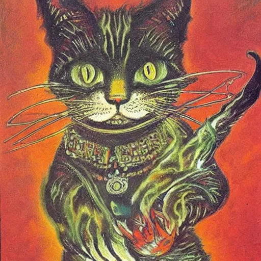 Prompt: a fire mage cat, louis wain, fantasy art