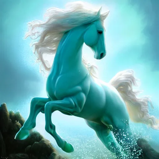 Image similar to a fantastical transparent small turquoise spirit horse made of water and foam and algae, splashing water, wave, translucent, ethereal, noble, radiant, hyperalism, scottish folklore, digital painting, artstation, concept art, smooth, 8 k frostbite 3 engine, ultra detailed, art by artgerm and greg rutkowski and magali villeneuve