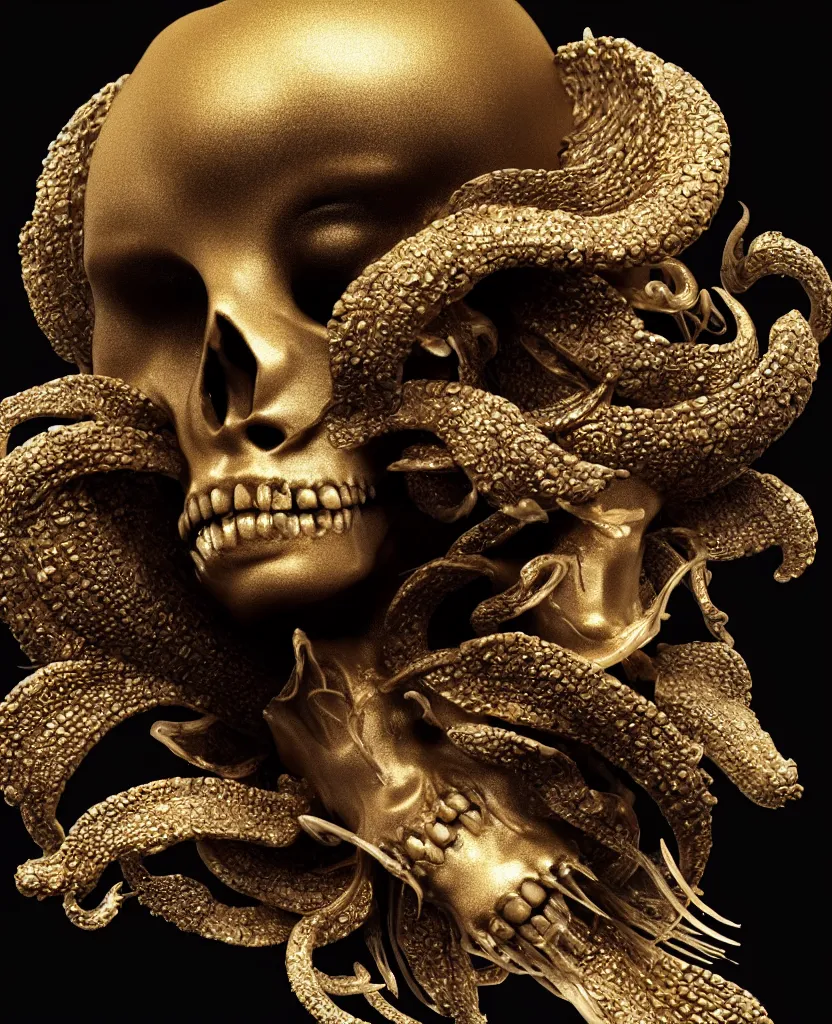 Image similar to black background. goddess princess face close-up portrait ram skull. sculpture made of gold and black charcoal. jellyfish phoenix head, nautilus, orchid, skull, betta fish, bioluminiscent creatures, intricate artwork by Tooth Wu and wlop and beeple. octane render, trending on artstation, greg rutkowski very coherent symmetrical artwork. cinematic, hyper realism, high detail, octane render, 8k