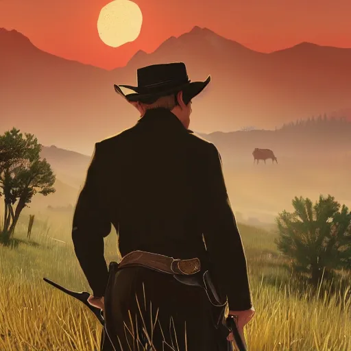 Prompt: clean shaven, tan, middle - aged christian priest with dark hair in dark clothing, three fourth shot, intricate, in front of landscape, red dead redemption 2, concept art, highly detailed, digital painting, artstation, oppressive lighting, concept art, sharp focus, illustration, art by ilya kuvshinov