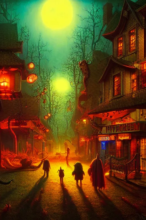 Prompt: a hyperrealistic vray rendering of a quiet autumn town being invaded by monsters in the night, cinematic horror by chris cunningham, lisa frank, kinkade, richard corben, highly detailed, vivid color,