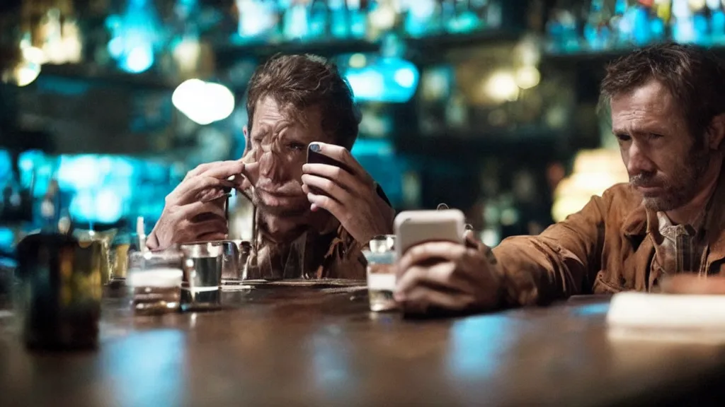 Image similar to a strange creature sits checks their phone at a bar, film still from the movie directed by Denis Villeneuve with art direction by Zdzisław Beksiński, close up, telephoto lens, shallow depth of field