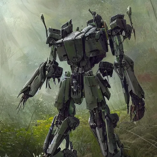 Image similar to a peaceful battle mech that has become overgrown by plants and cordyceps hiking out in nature, painting, haunting, beautiful, realism