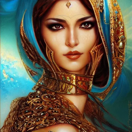 Image similar to a beautiful arabian woman by karol bak, ayami kojima, artgerm, arabian beauty, blue eyes, smile, concept art, fantasy