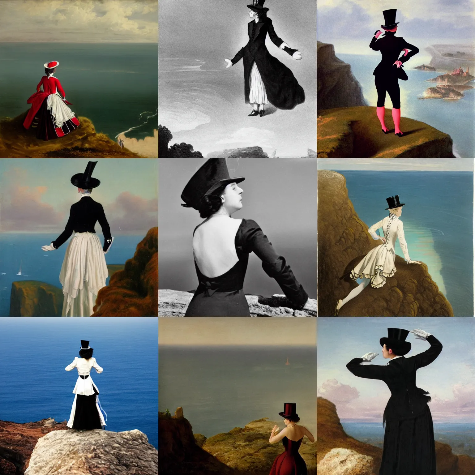 Prompt: a woman costumed in top hat and silk tailcoat, looking at the horizon from the top of a cliff, octane