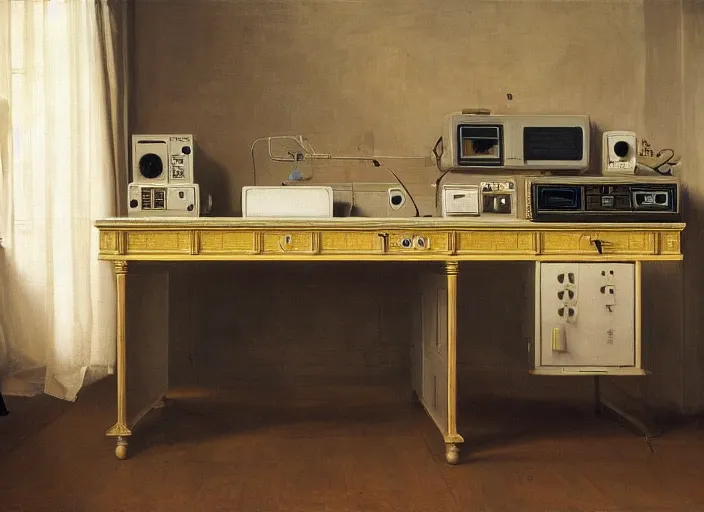 Prompt: still life painting of a retro electronics supercomputer built - in desk workstation battlestation by pieter claesz, oil on canvas, strong lighting, highly detailed, hyper realism, golden hour, god rays, hd, 4 k
