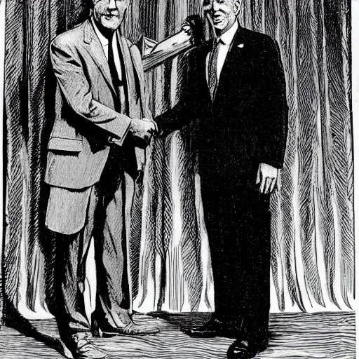 Image similar to howard philips lovecraft shaking hands with joe biden, picture, award winning, ultra realistic, high detail