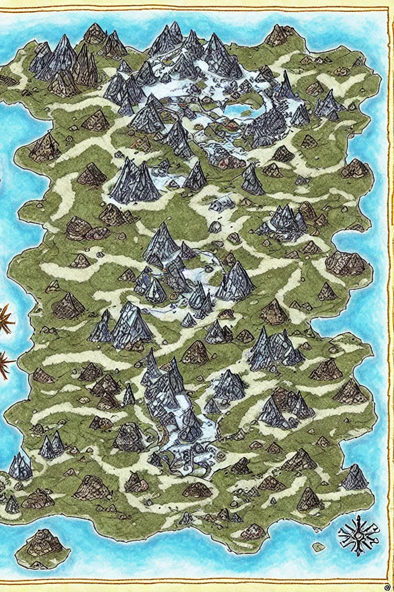 Image similar to top down map of rpg frozen region with a abandoned mine drawn by j. r. r. tolkien