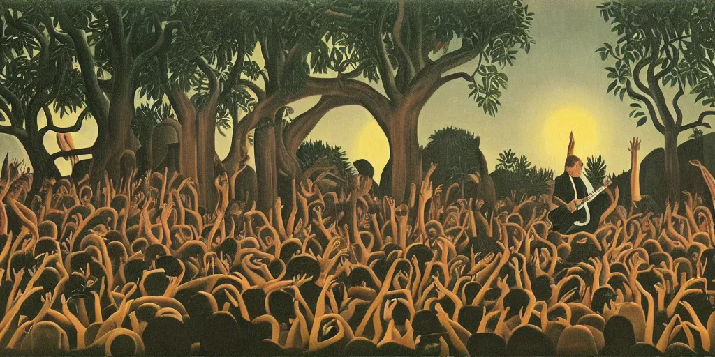 Image similar to a beautiful painting of Bad Religion playing a concert in Hell by Henri Rousseau 8k, 4k